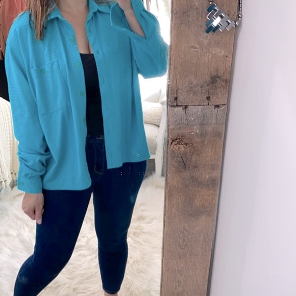 Vintage Jantzen turquoise knit button up top size large - Picture 2 of 8